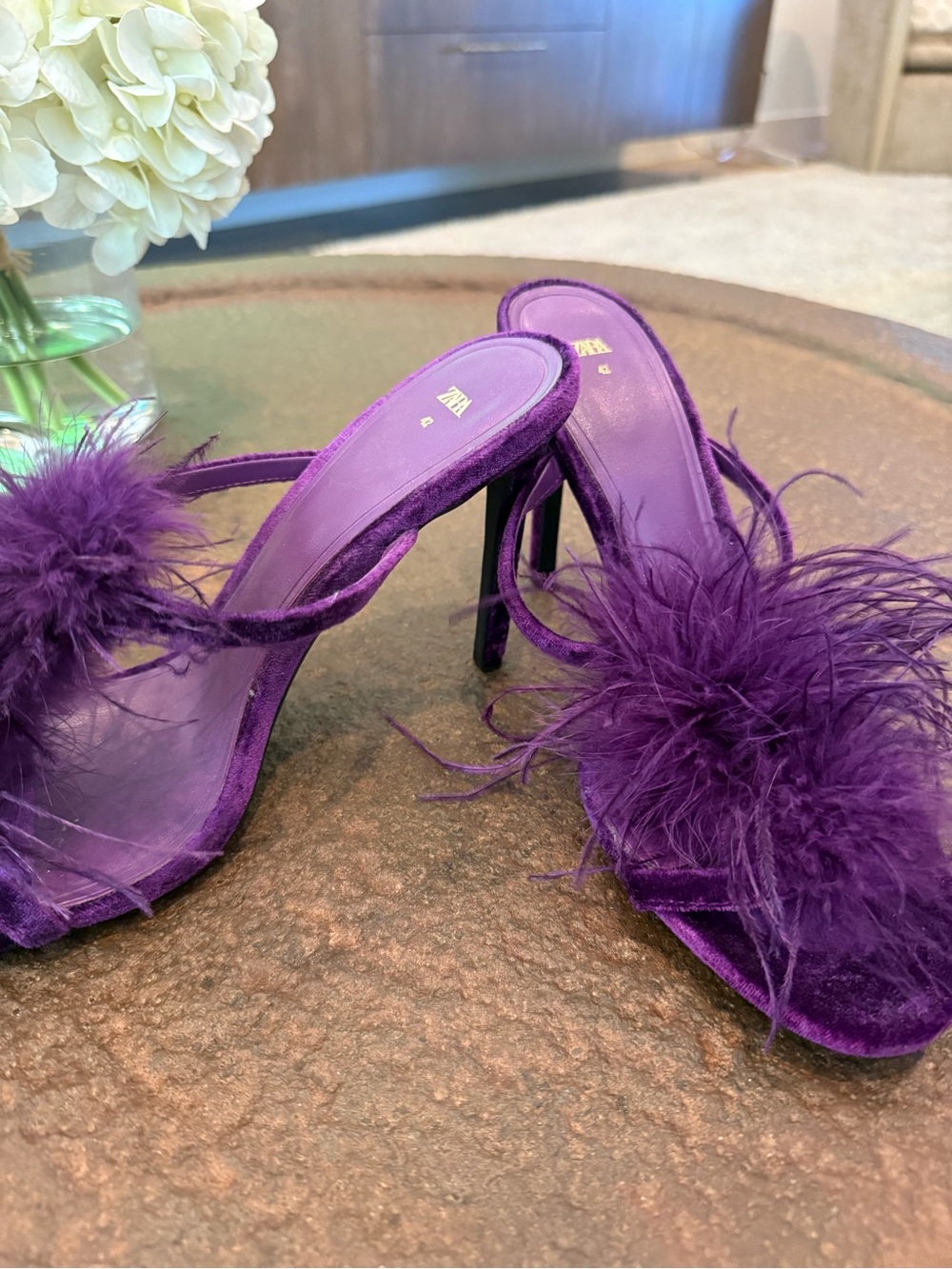 Zara Purple Feather Slide Mules - Picture 2 of 4